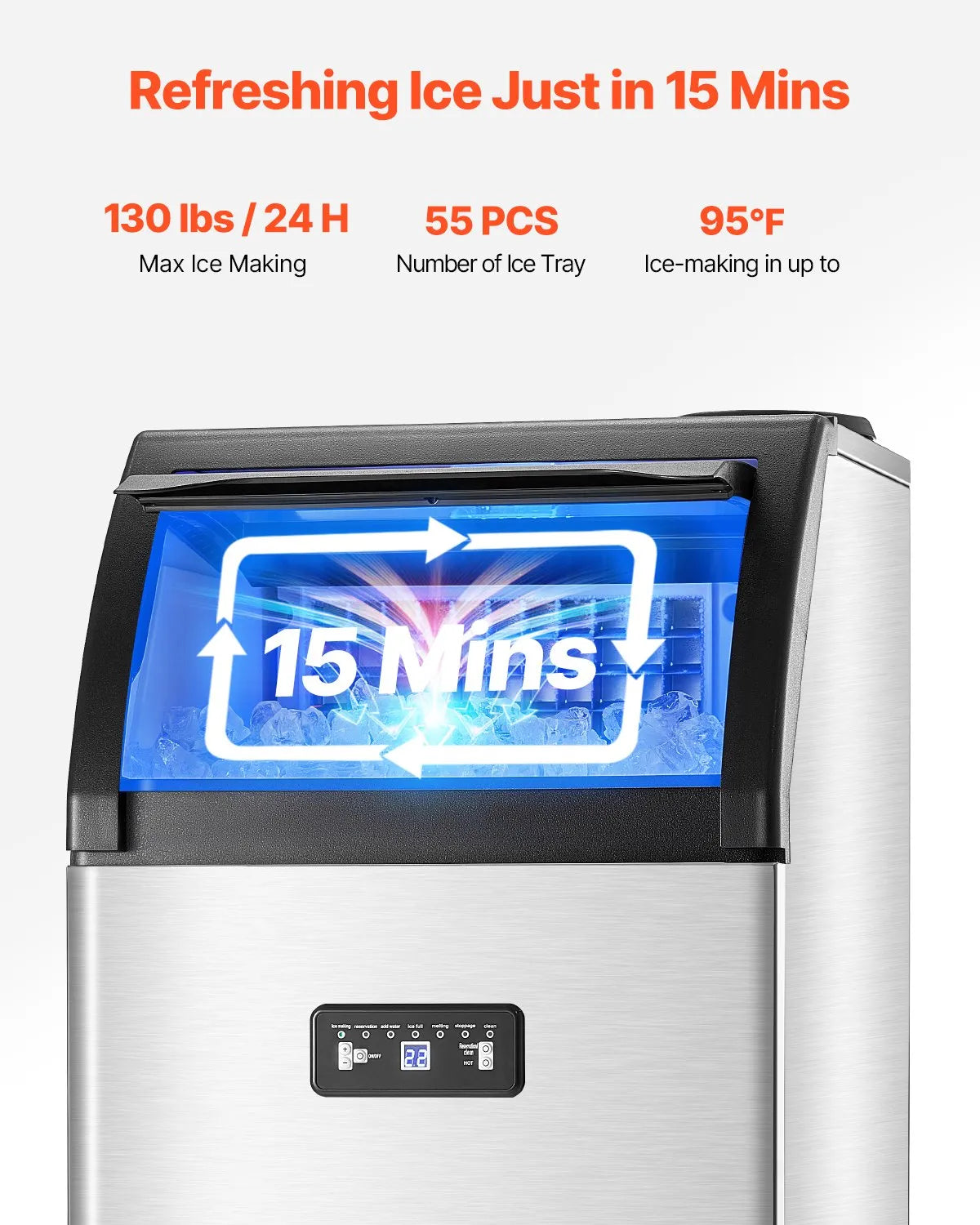 VEVOR Commercial Ice Maker Machine, 130lbs/24H Ice Maker Machine with 33lbs Storage Capacity, features 15-minute ice making