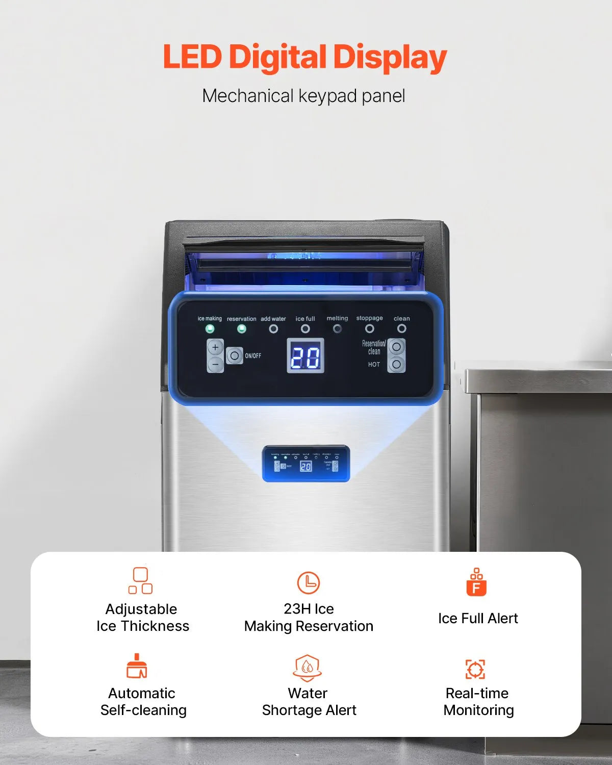 VEVOR Commercial Ice Maker Machine, 130lbs/24H Ice Maker Machine with 33lbs Storage Capacity featuring LED digital display and self-cleaning