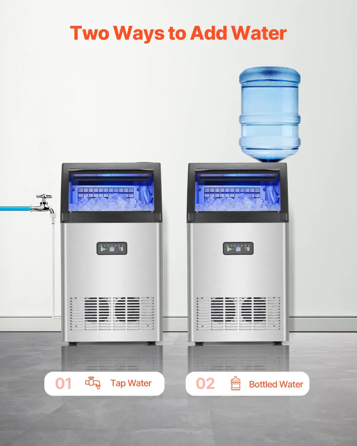 Two VEVOR Commercial Ice Maker Machines, 130lbs/24H Ice Maker Machine with 33lbs Storage Capacity showing tap and bottled water options.