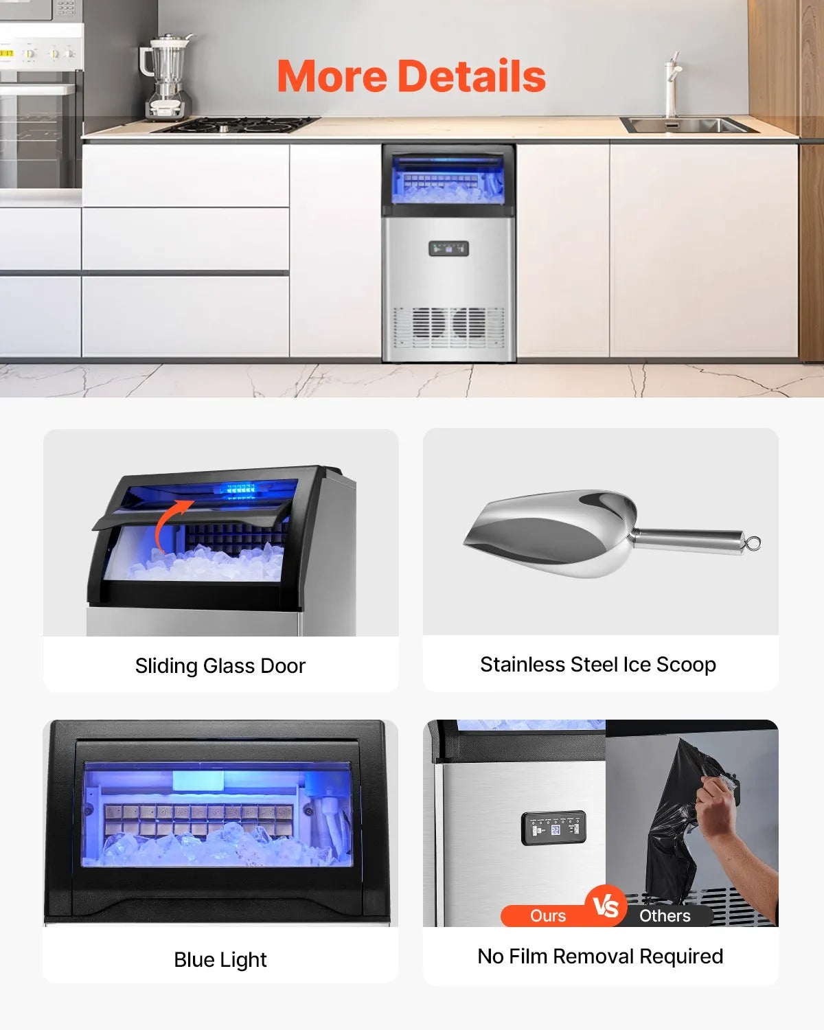 VEVOR Commercial Ice Maker Machine, 130lbs/24H Ice Maker Machine with 33lbs Storage Capacity, detailed features displayed
