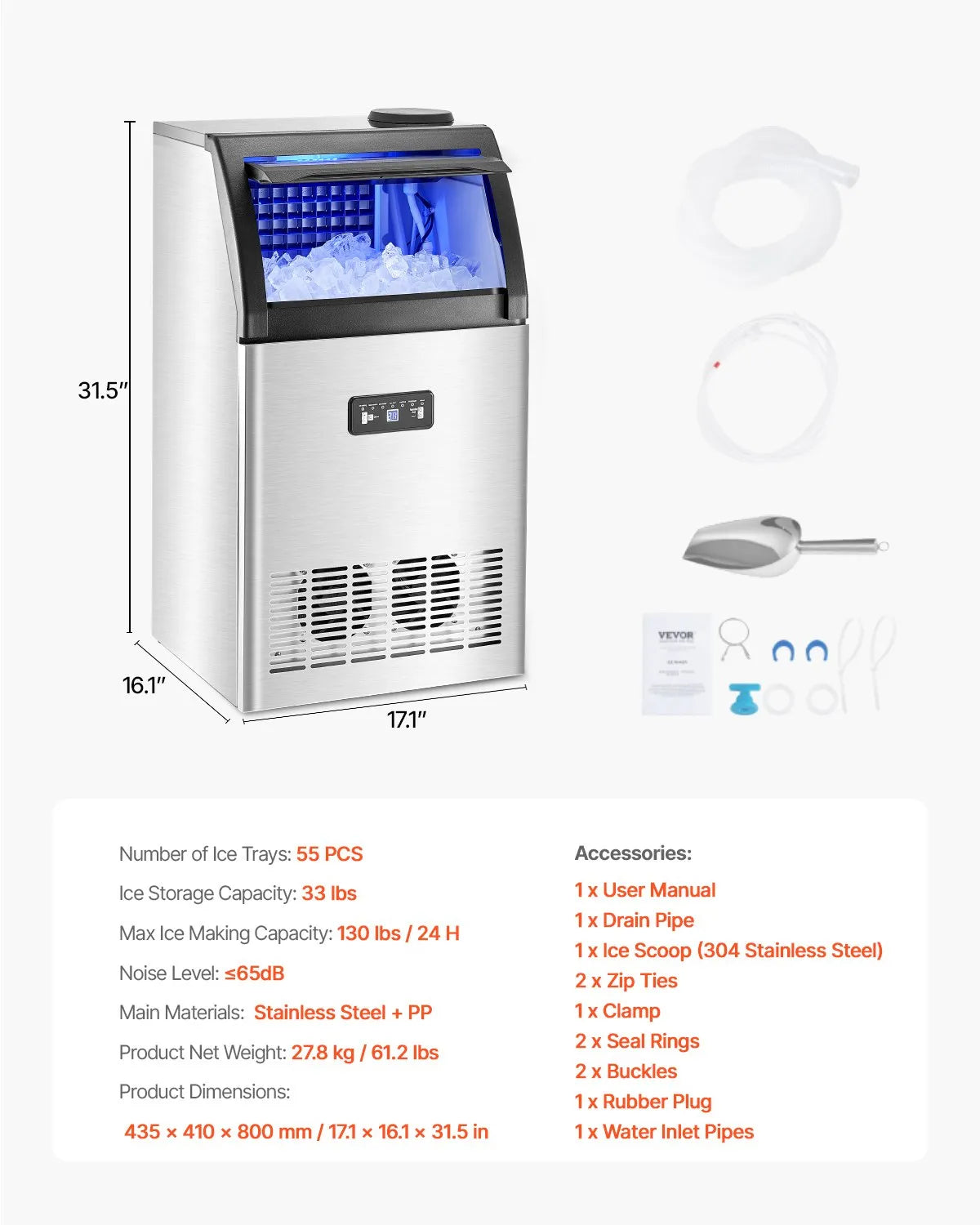VEVOR Commercial Ice Maker Machine, 130lbs/24H Ice Maker Machine with 33lbs Storage Capacity shown with accessories