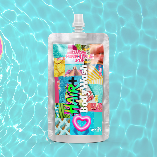 White Pineapple Pop Shampoo-8 oz on a tropical poolside background showcasing its vibrant packaging.