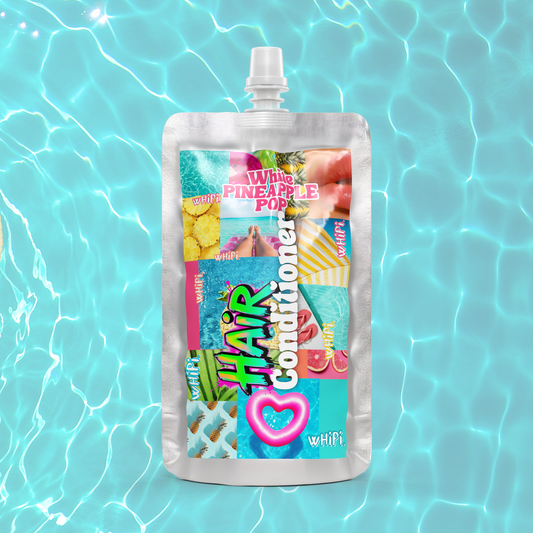 White Pineapple Pop Conditioner- 8 oz in eco-friendly pouch with vibrant tropical design against blue water background