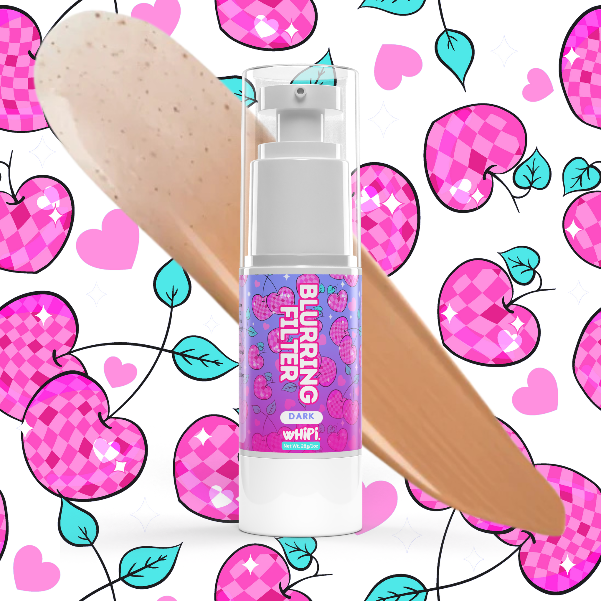 Blurring Filter Tinted Moisturizer bottle with swatch against colorful background.