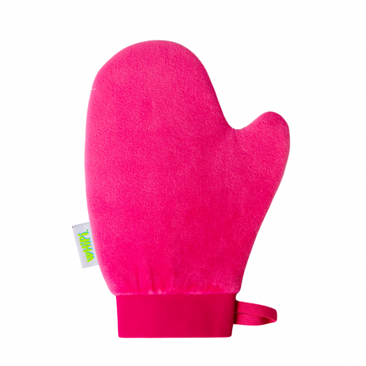 Luxe Tanning Mitt in vibrant pink velvet for smooth, streak-free application.
