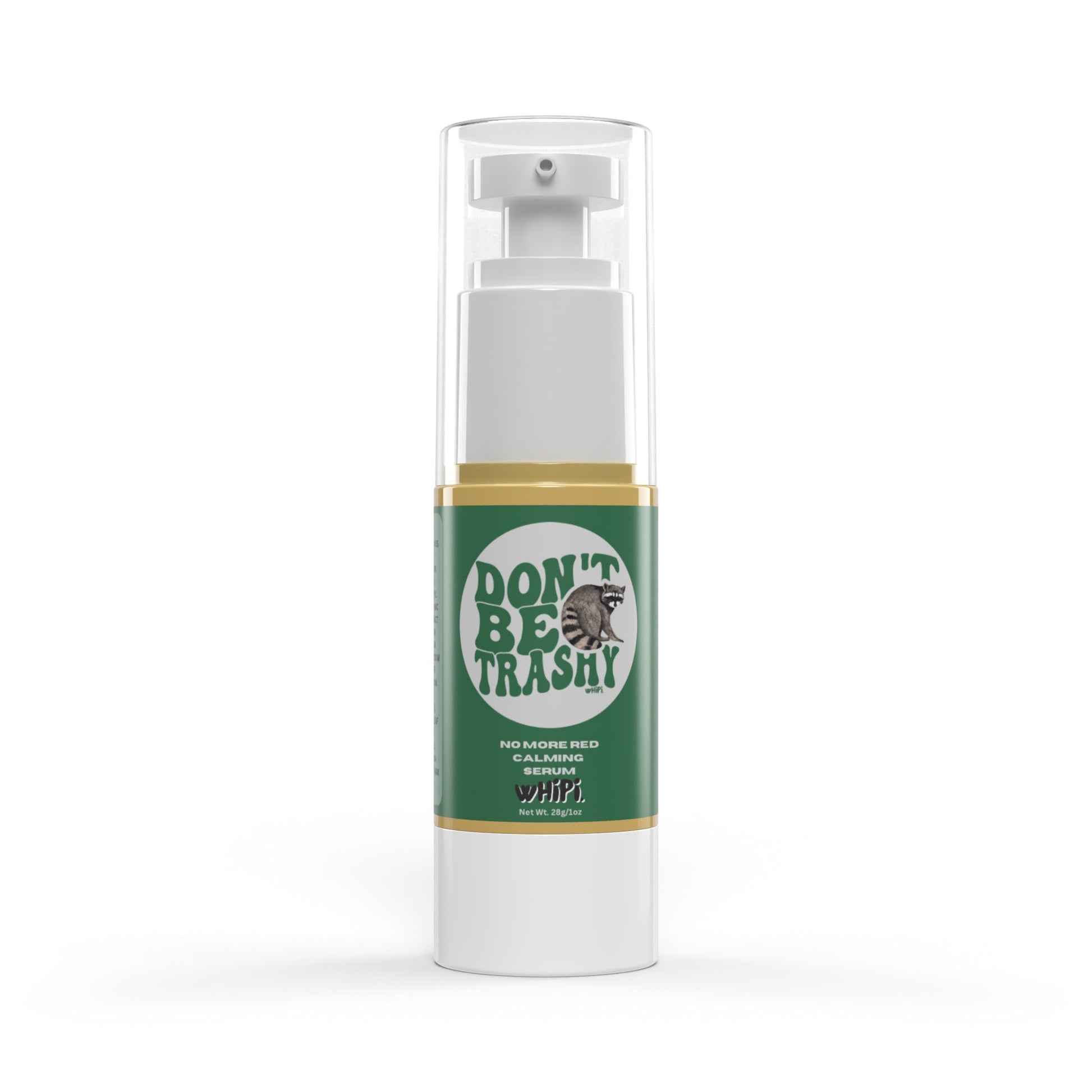 Don't Be Trashy No More Red Calming Serum in a white and green bottle.