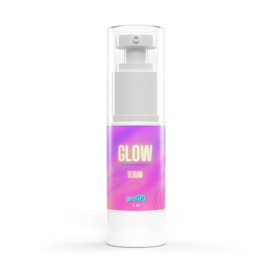 Bottle of GLOW Hyaluronic Serum for hydrating and smoothing skin.