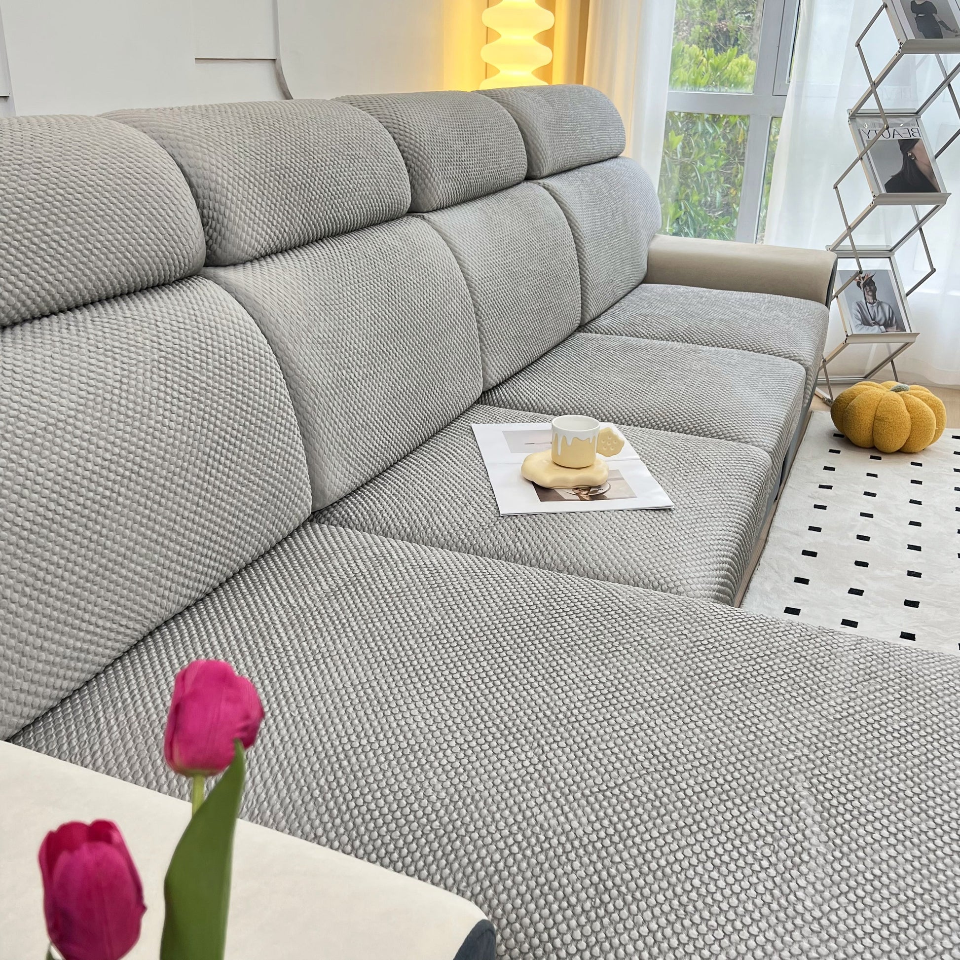 Cooling Stretch Sofa Seat Cushion Covers on gray sofa in living room