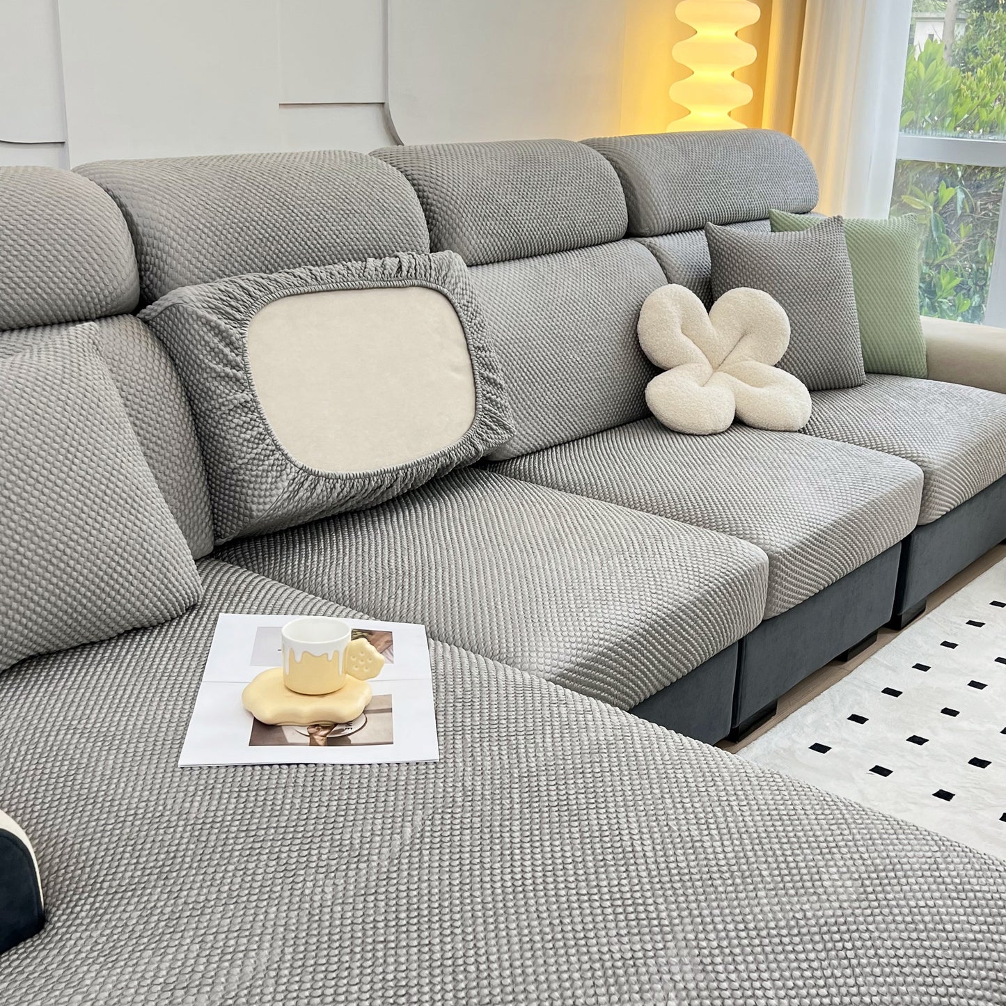 Cooling Stretch Sofa Seat Cushion Covers on a modern gray couch, featuring Universal Couch Cushion Protector for a snug and cozy fit