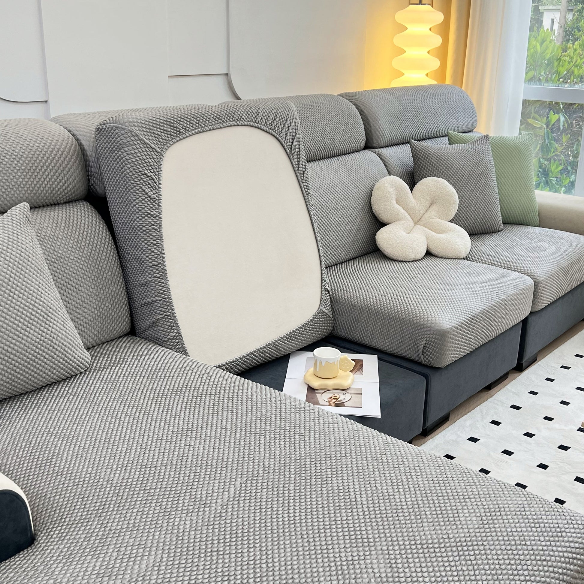 Cooling Stretch Sofa Seat Cushion Covers, Slip Covers for Cushions, Universal Couch Cushion Protector displayed on a modern sofa
