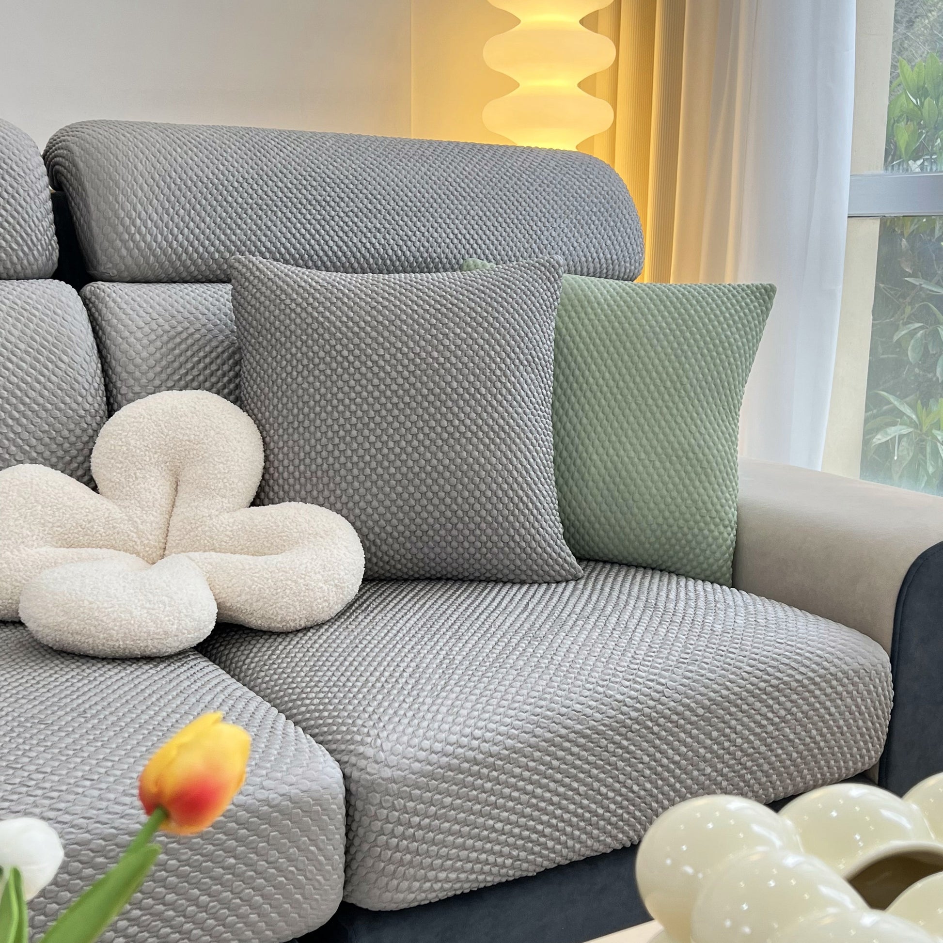 Cooling Stretch Sofa Seat Cushion Covers, Slip Covers for Cushions, Universal Couch Cushion Protector on a modern couch.