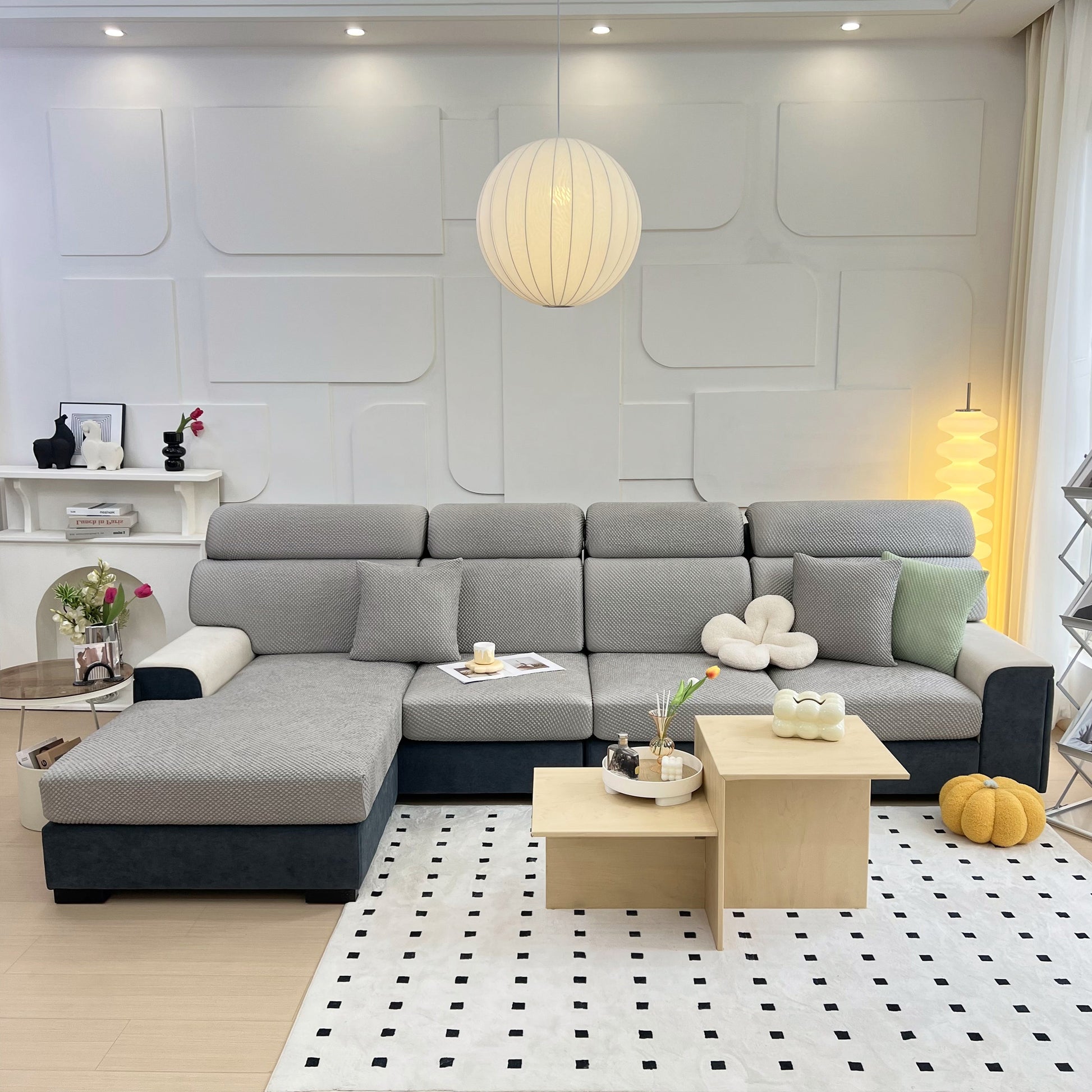 Modern living room with gray sofa featuring Cooling Stretch Sofa Seat Cushion Covers, Slip Covers for Cushions, Universal Couch Cushion Protector