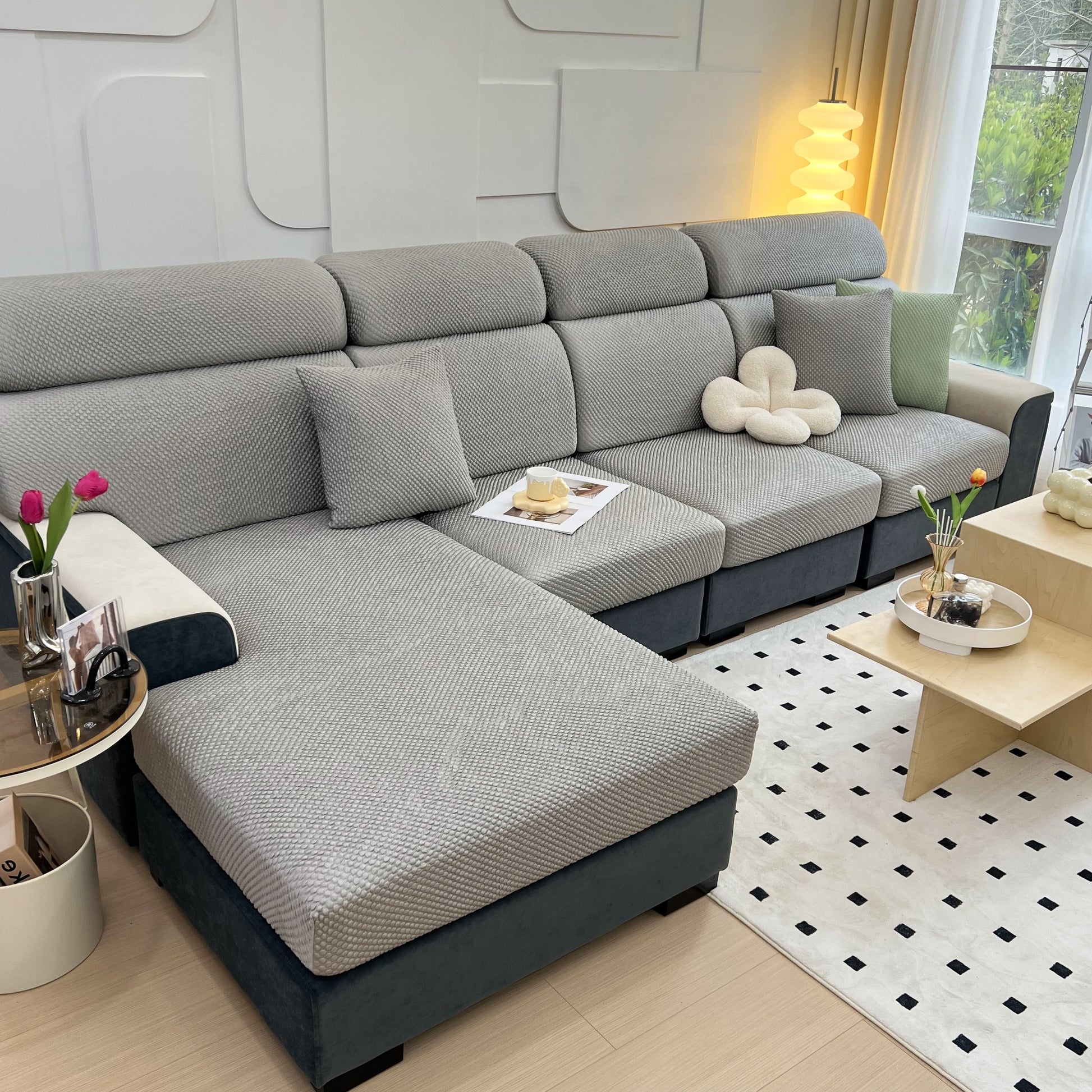 Living room with Cooling Stretch Sofa Seat Cushion Covers, Slip Covers for Cushions, gray Universal Couch Cushion Protector on a sectional sofa