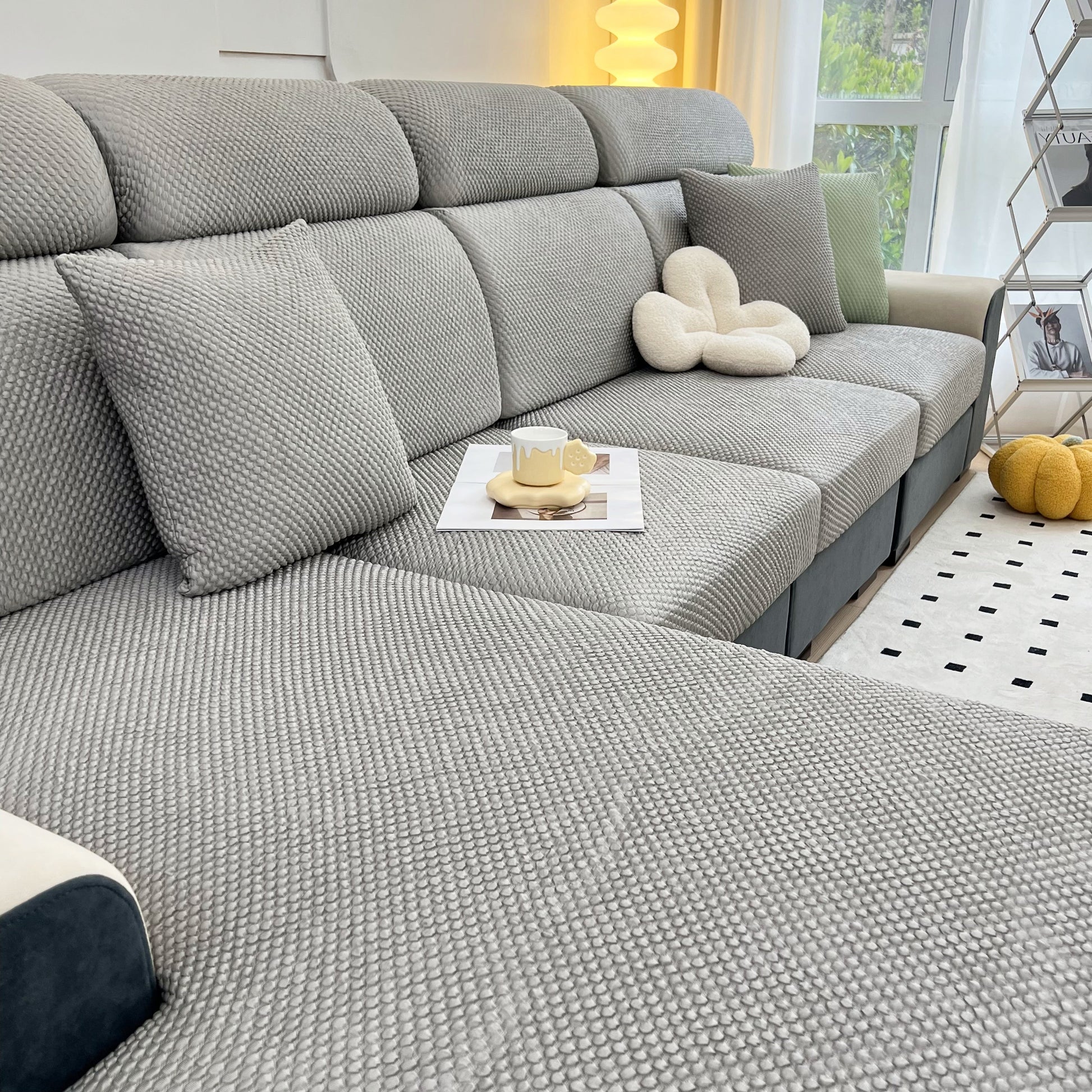 Cooling Stretch Sofa Seat Cushion Covers on grey couch with pillows, Slip Covers for Cushions, Universal Couch Cushion Protector