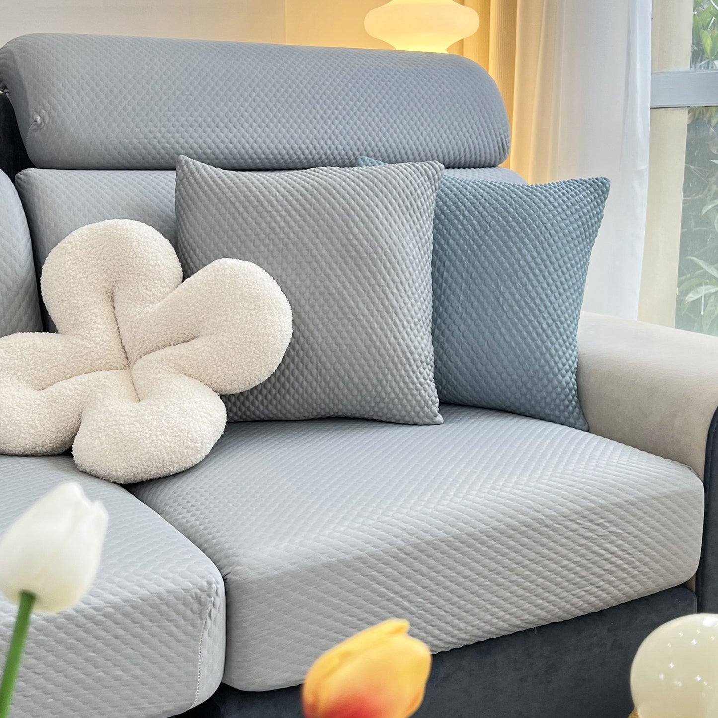 Cooling Stretch Sofa Seat Cushion Covers on modern couch, featuring slip covers for cushions, universal couch cushion protector design.