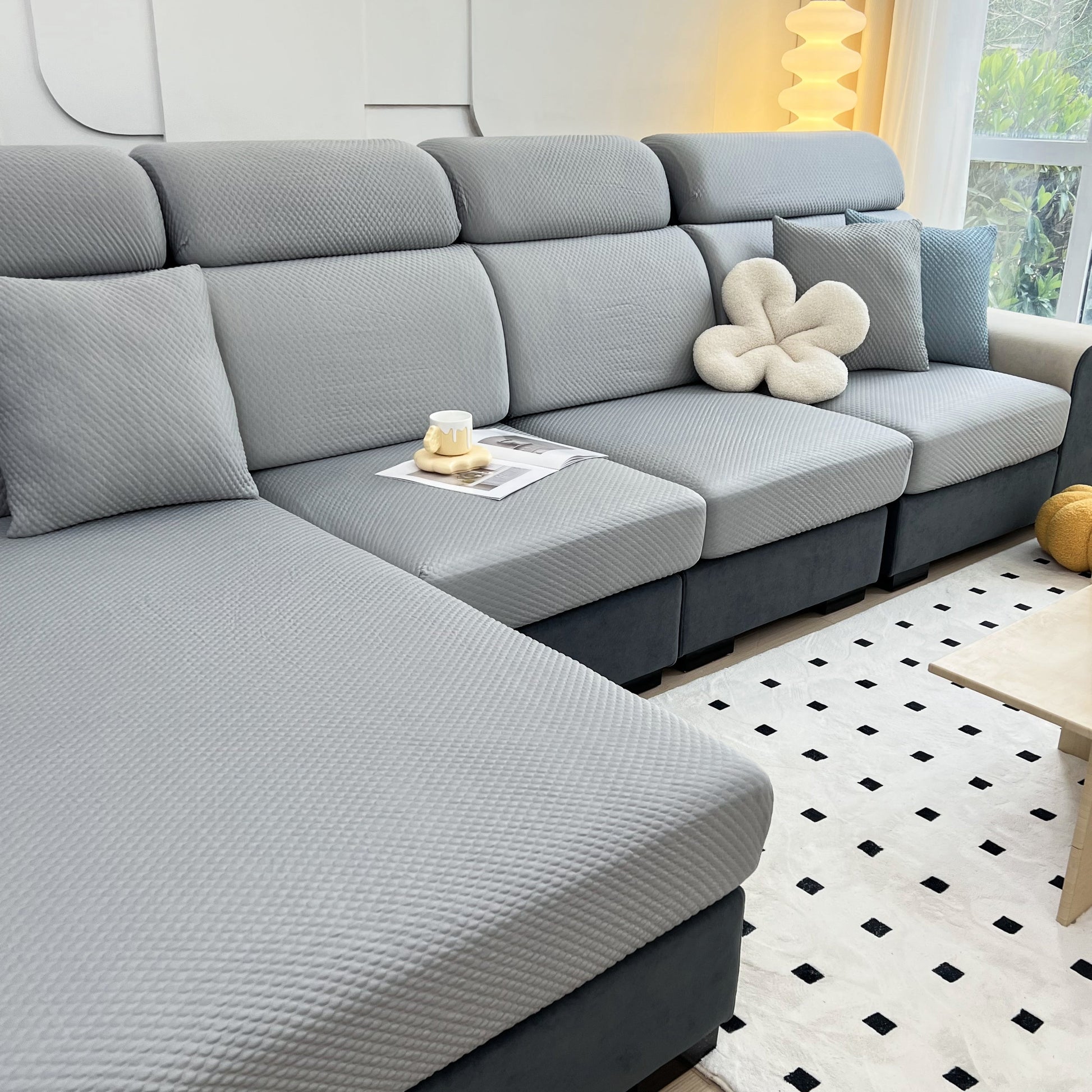 Cooling Stretch Sofa Seat Cushion Covers, Slip Covers for Cushions, Universal Couch Cushion Protector on a modern grey couch