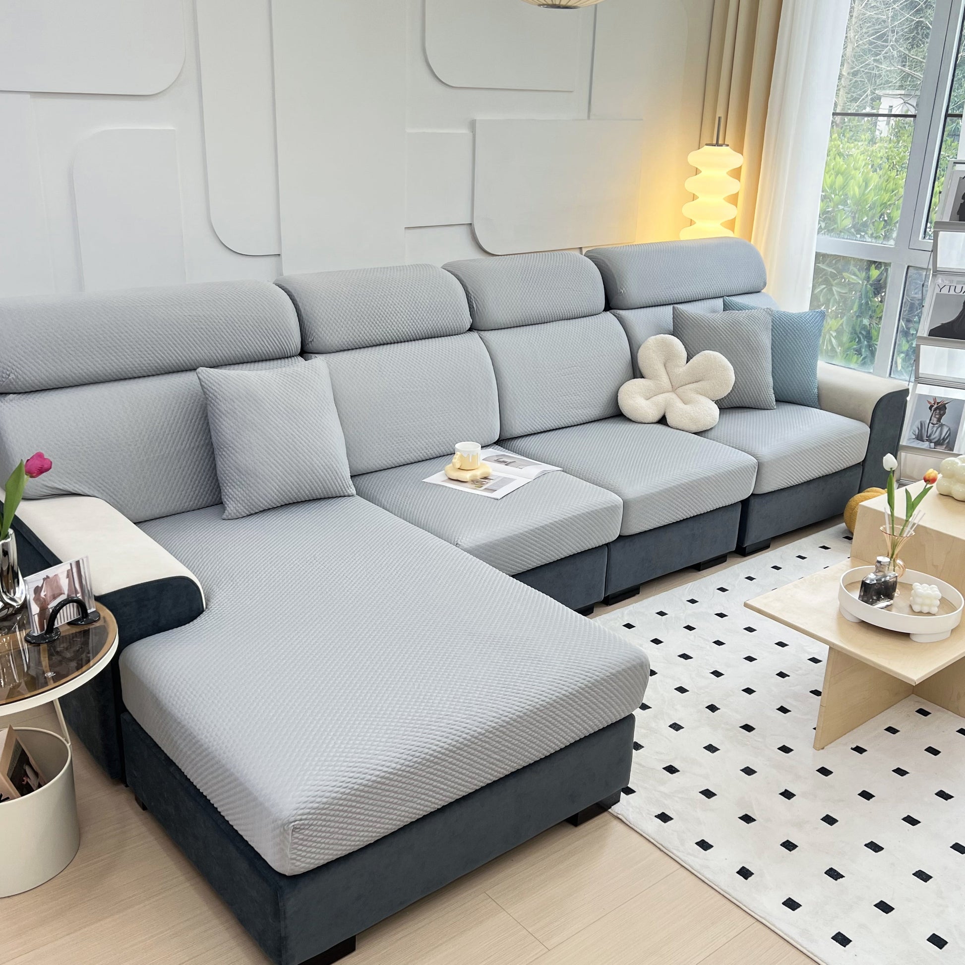 Living room with Cooling Stretch Sofa Seat Cushion Covers on modern gray sectional, showcasing slip covers for cushions and universal couch protector.