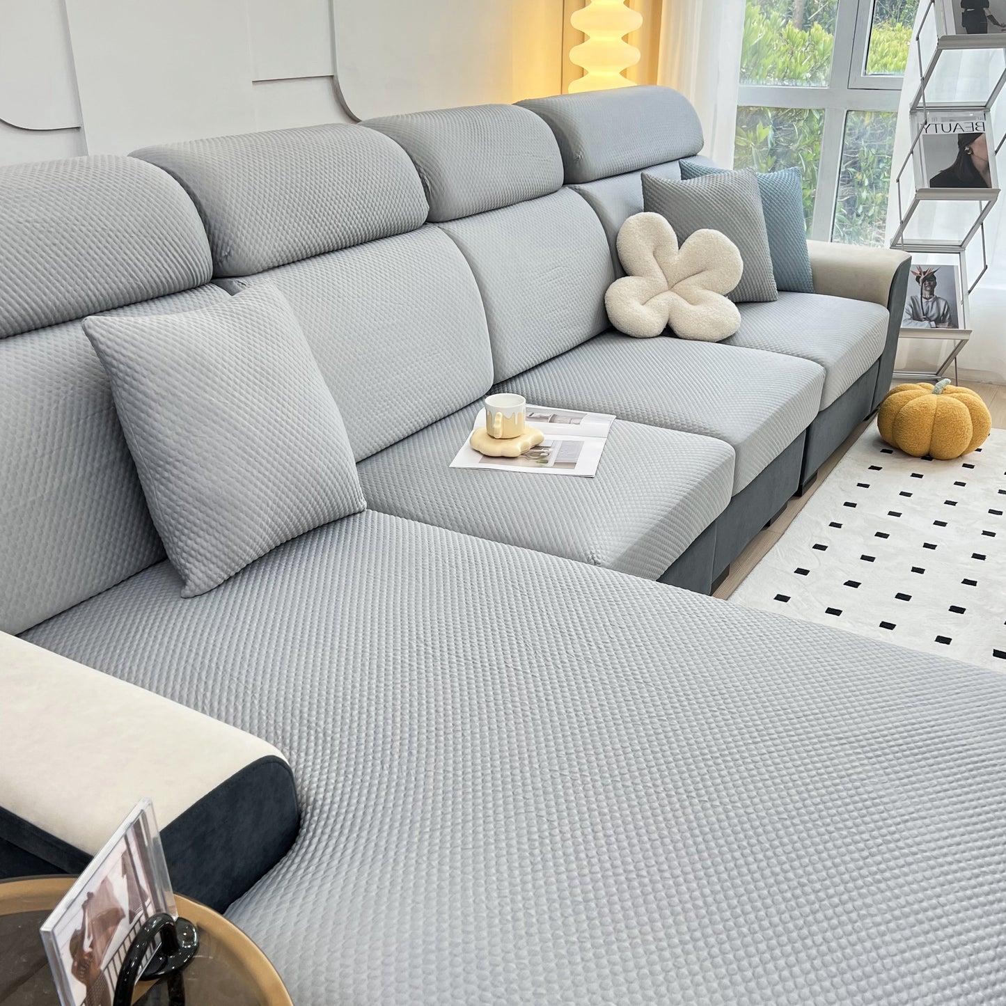 Cooling Stretch Sofa Seat Cushion Covers, Slip Covers for Cushions, Universal Couch Cushion Protector on modern gray sofa