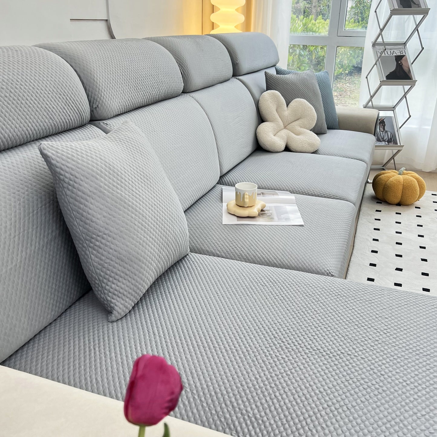 Cooling Stretch Sofa Seat Cushion Covers, Slip Covers for Cushions on a modern grey couch.