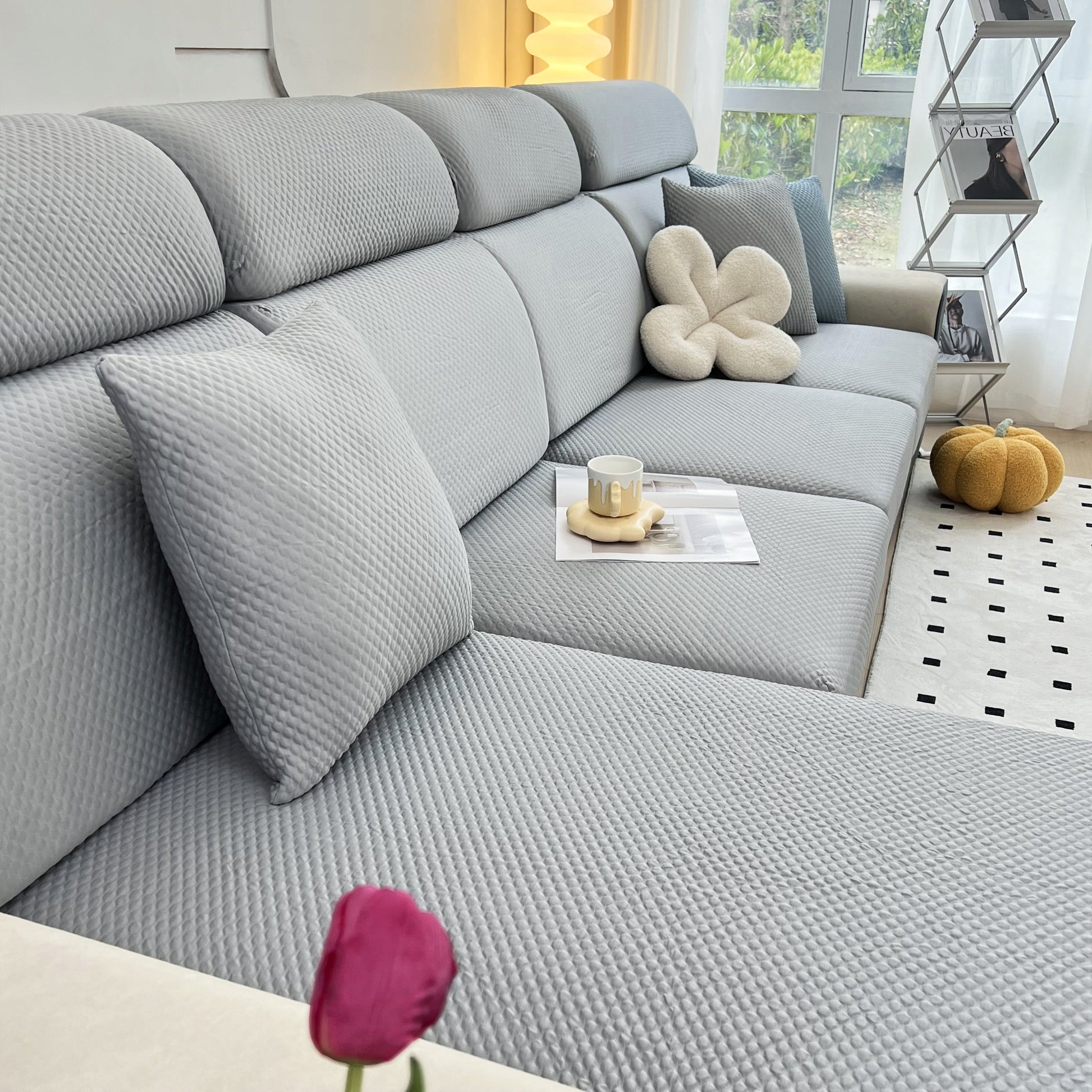 Cooling Stretch Sofa Seat Cushion Covers, Slip Covers for Cushions on a modern grey couch.