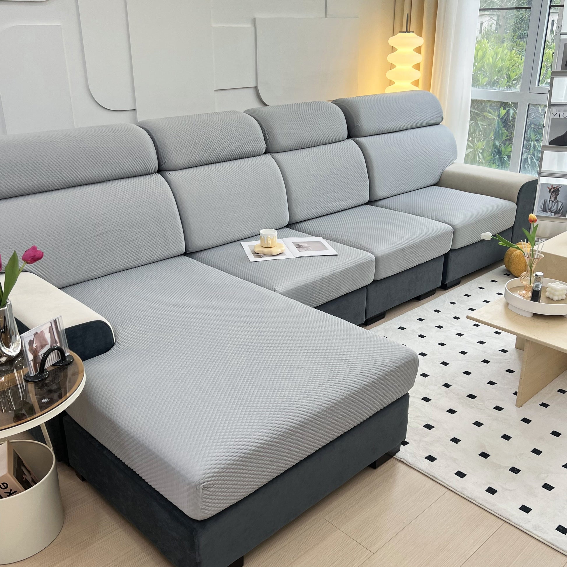 Living room with Cooling Stretch Sofa Seat Cushion Covers and Slip Covers for Cushions, showcasing a Universal Couch Cushion Protector.