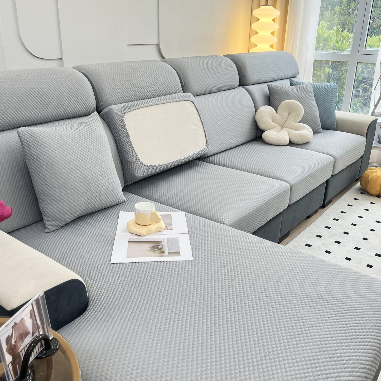 Cooling Stretch Sofa Seat Cushion Covers, Slip Covers for Cushions, Universal Couch Cushion Protector in a modern living room setting.