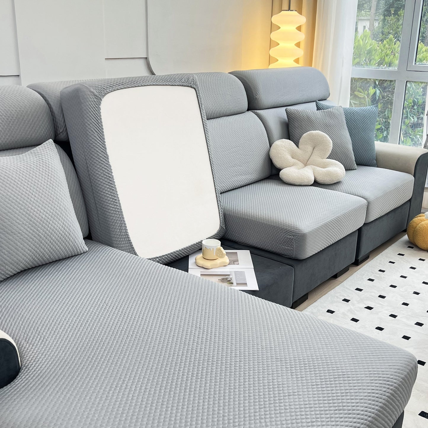 Living room featuring Cooling Stretch Sofa Seat Cushion Covers on grey couch, showcasing slip covers for cushions and universal protector.