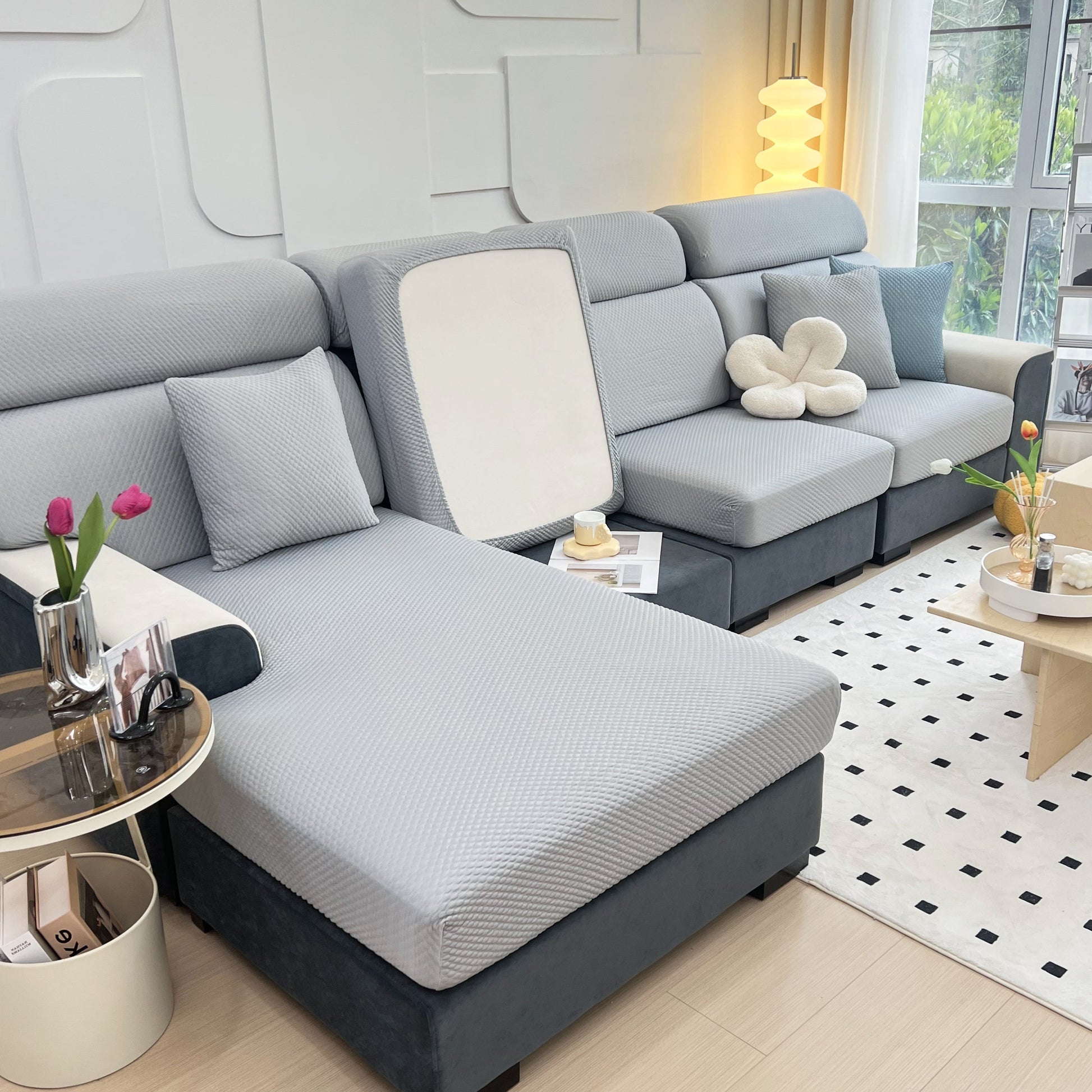 Cooling Stretch Sofa Seat Cushion Covers on a modern gray sectional couch, featuring a universal design and snug fit