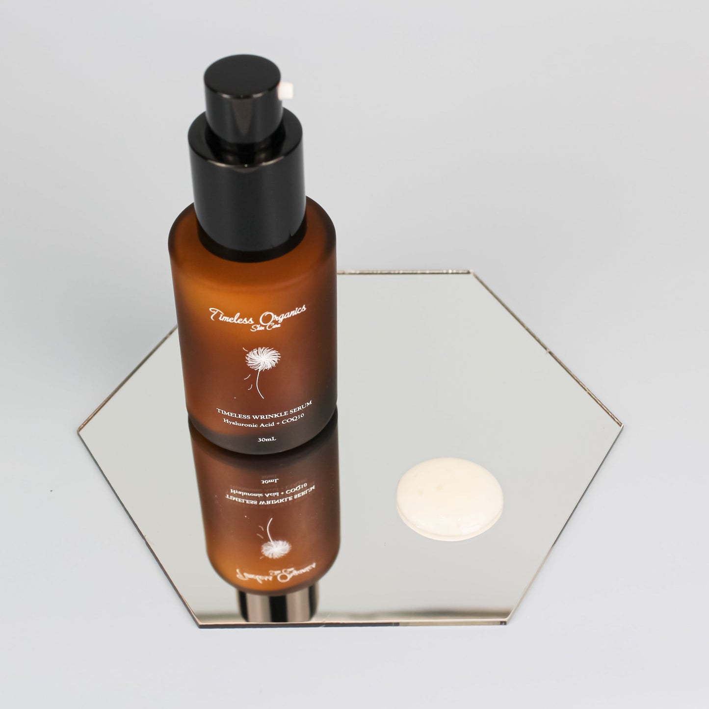 Timeless Wrinkle Serum bottle on a reflective surface, 30mL size for reducing wrinkles and rejuvenating skin overnight.