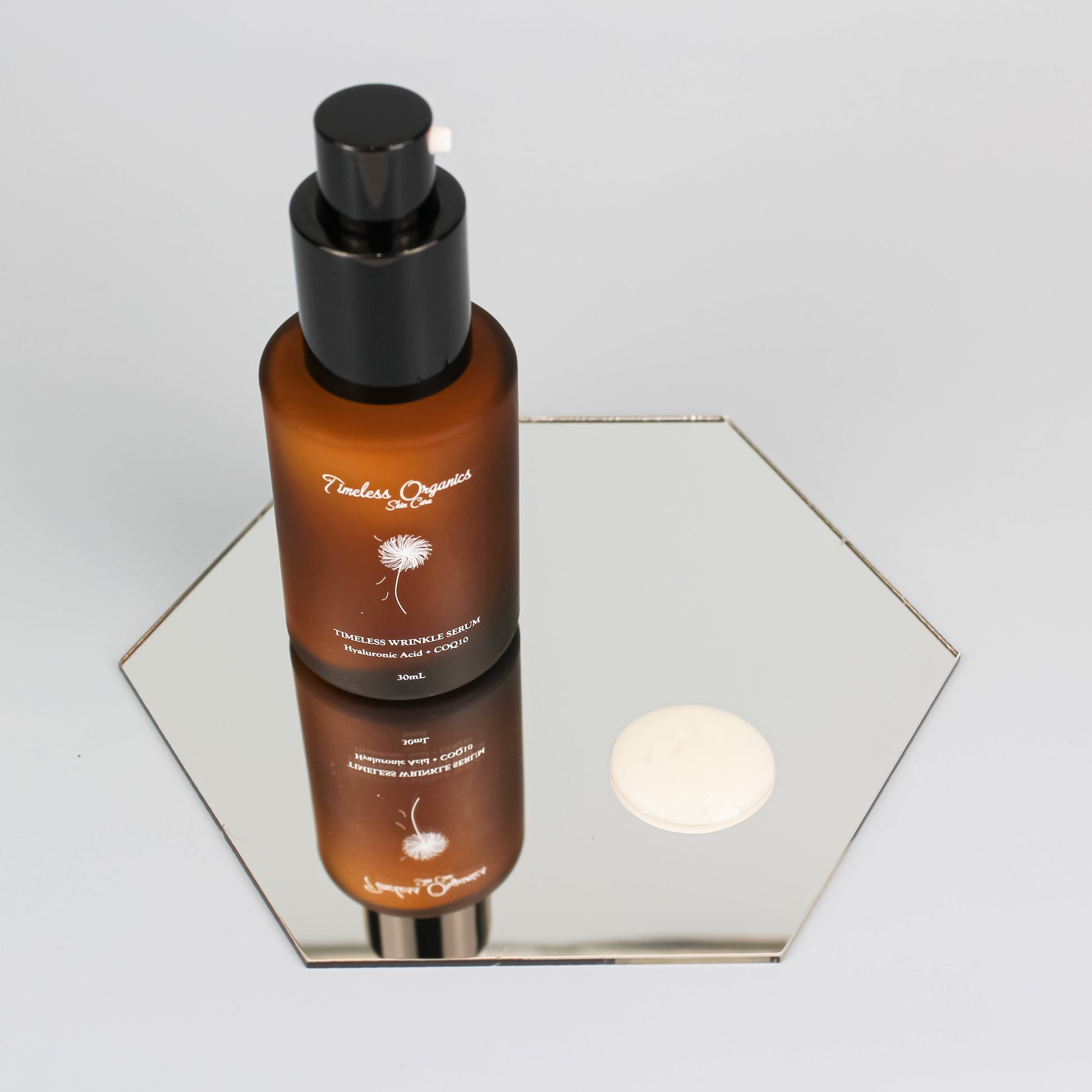 Timeless Wrinkle Serum bottle on a reflective surface, 30mL size for reducing wrinkles and rejuvenating skin overnight.
