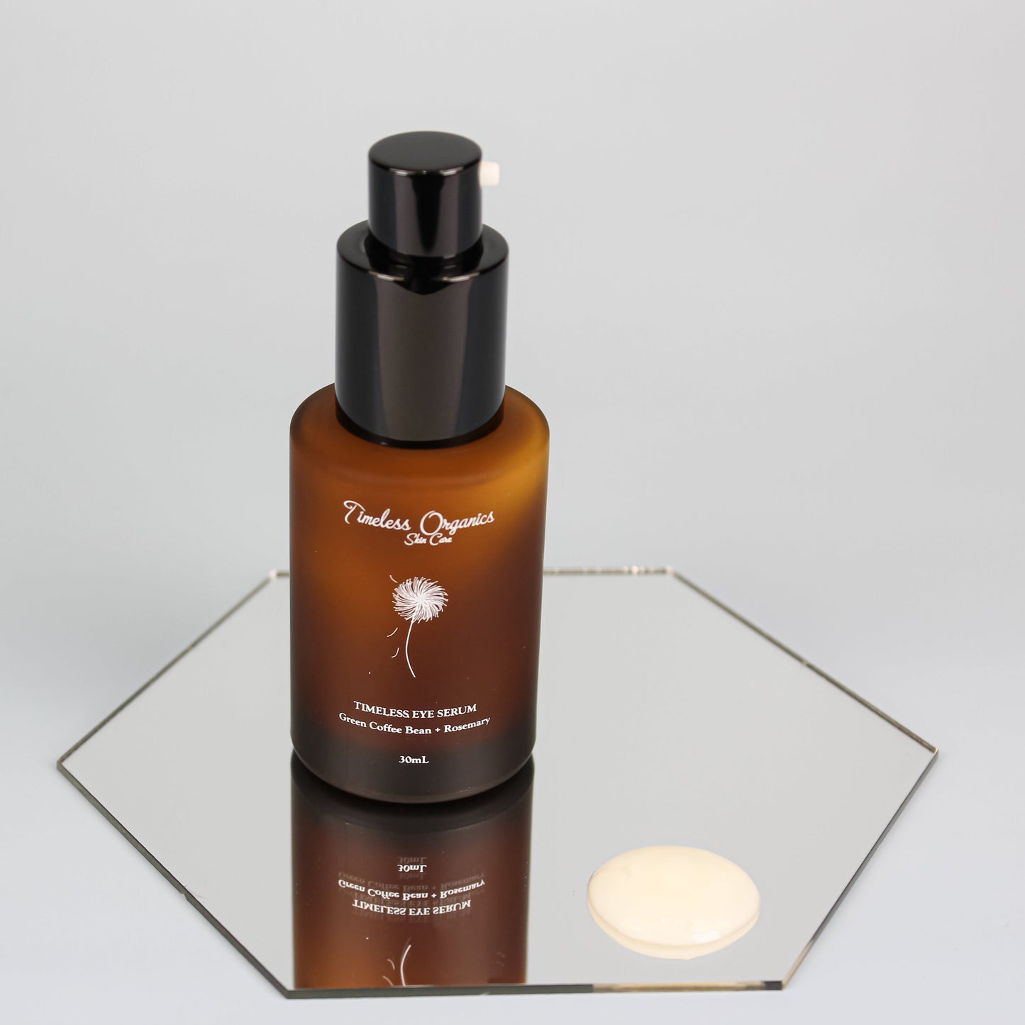 Timeless Eye Serum bottle on a reflective surface, highlighting its natural ingredients and perfect for targeting eye puffiness and fine lines.