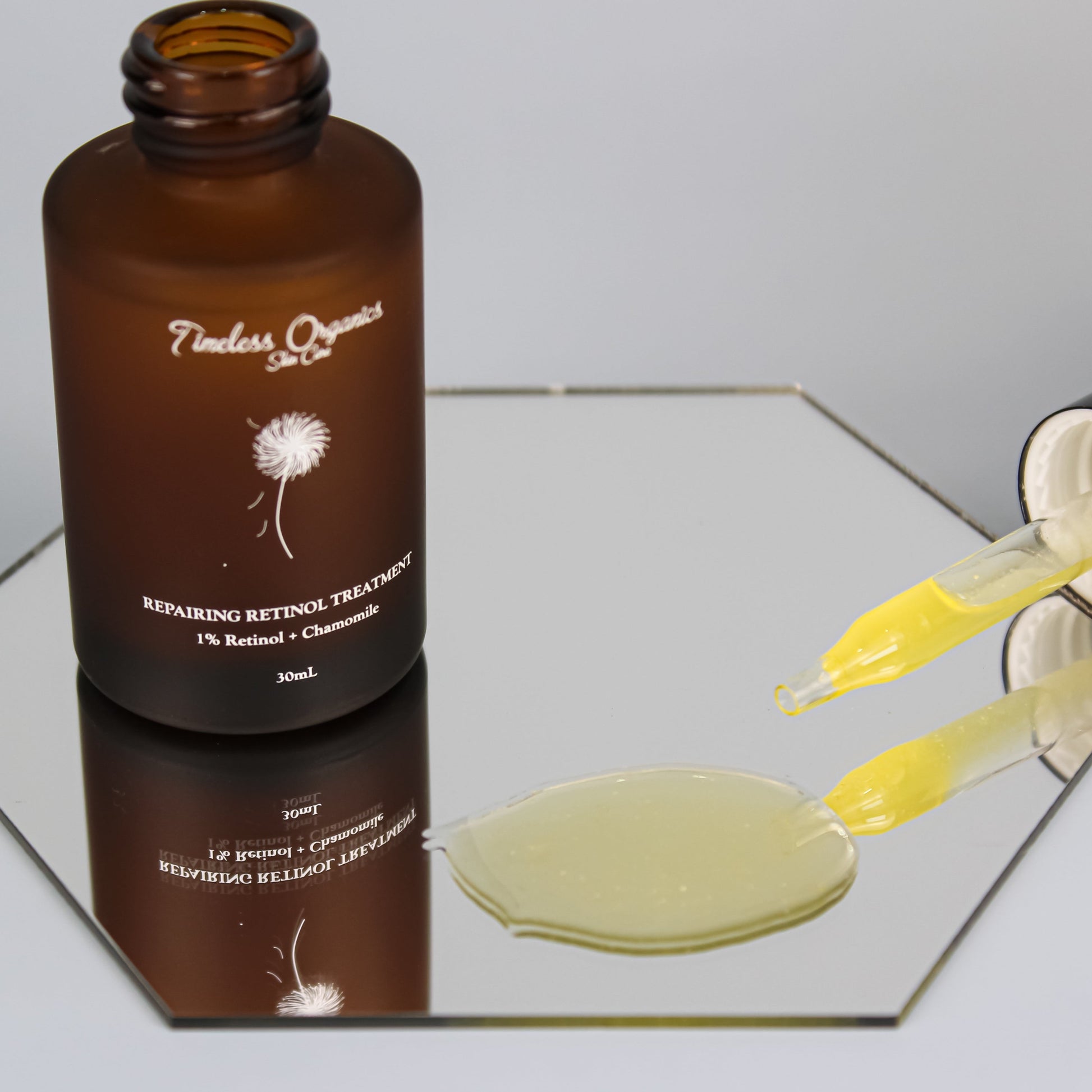 Repairing Retinol Treatment bottle with dropper and liquid on mirror, promoting skin repair and renewal, size 30mL.