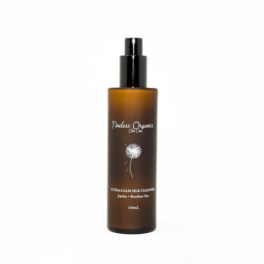 Ultra-Calm Silk Cleanser bottle with calming ingredients for sensitive skin care.