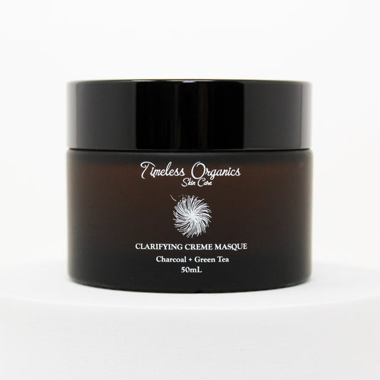 Clarifying Charcoal Creme Masque in 50mL jar for detoxifying and hydrating sensitive skin with vitamins and hyaluronic acid.