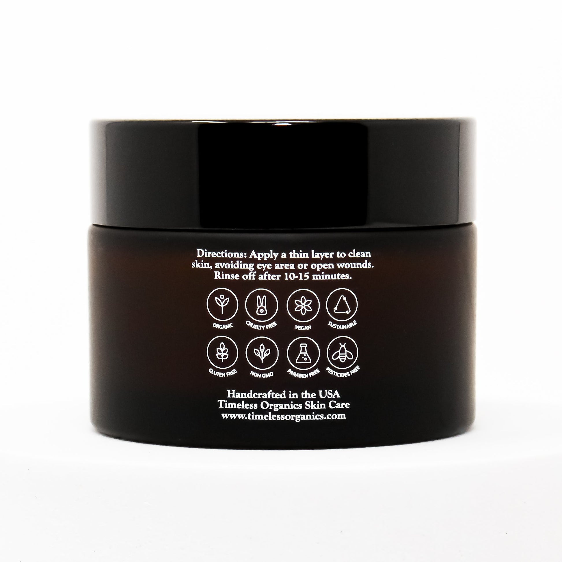 Clarifying Charcoal Creme Masque 50mL jar with application instructions on the back for sensitive skin detox and hydration.