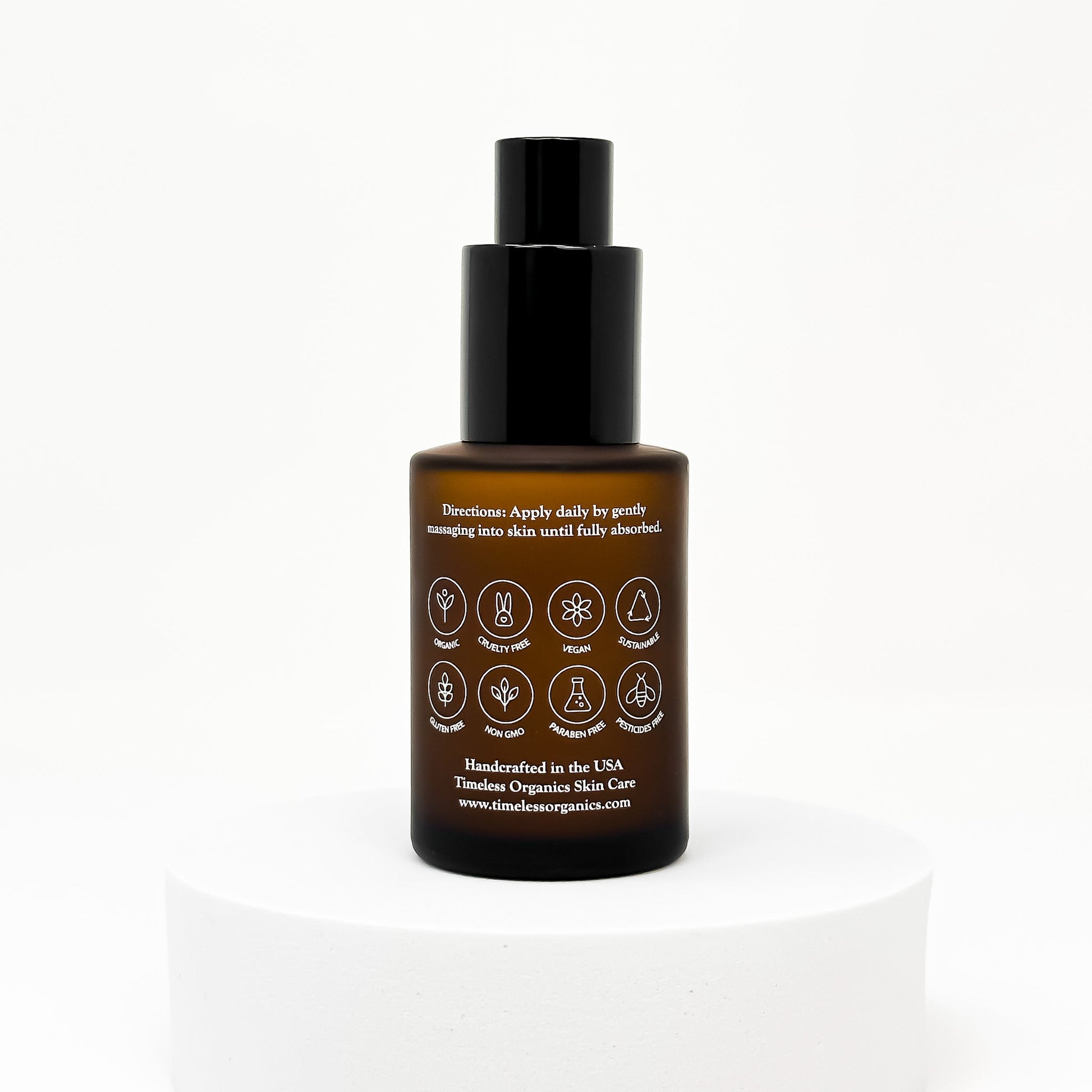 Timeless Glow Serum in amber bottle with nourishing oils and 10% Vitamin C for hydration and brightening, 30mL size.