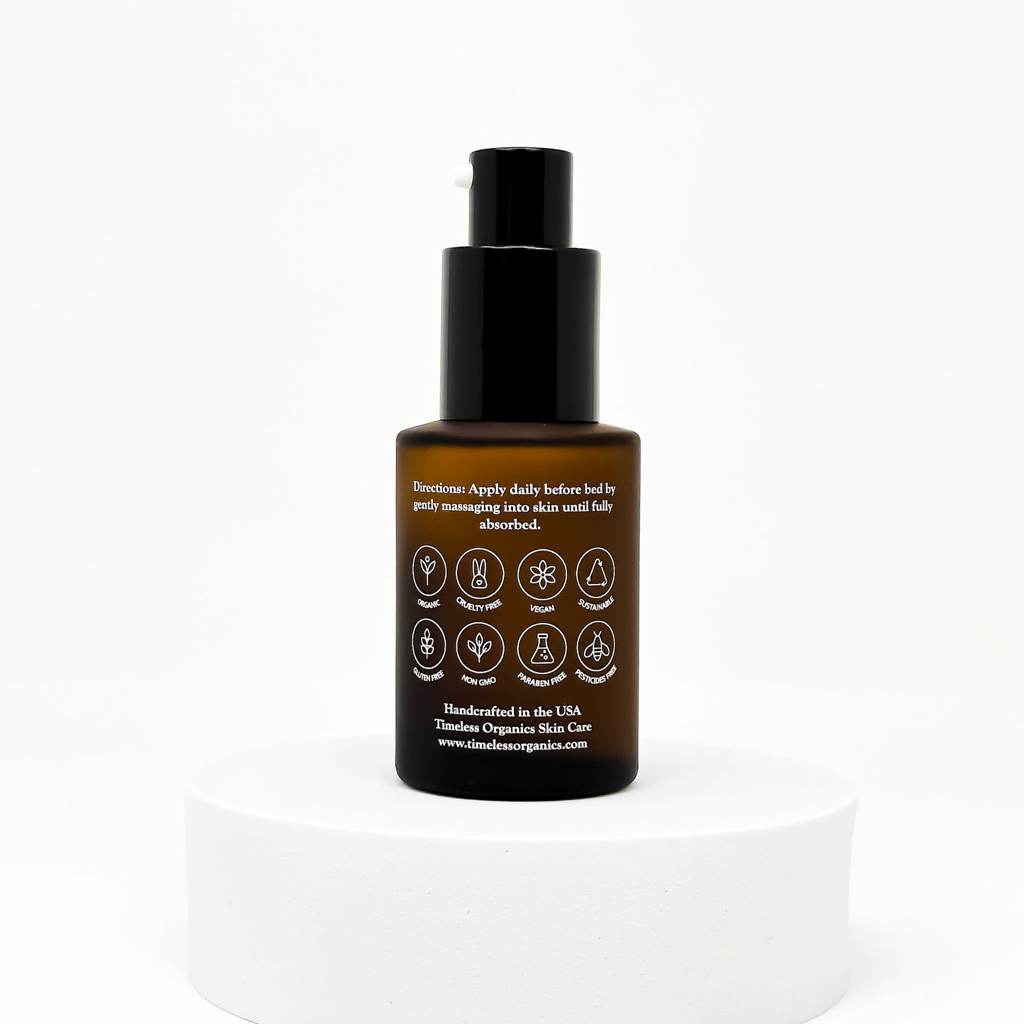 Timeless Wrinkle Serum bottle on white background, showcasing directions and icons for natural ingredients. Size: 30mL