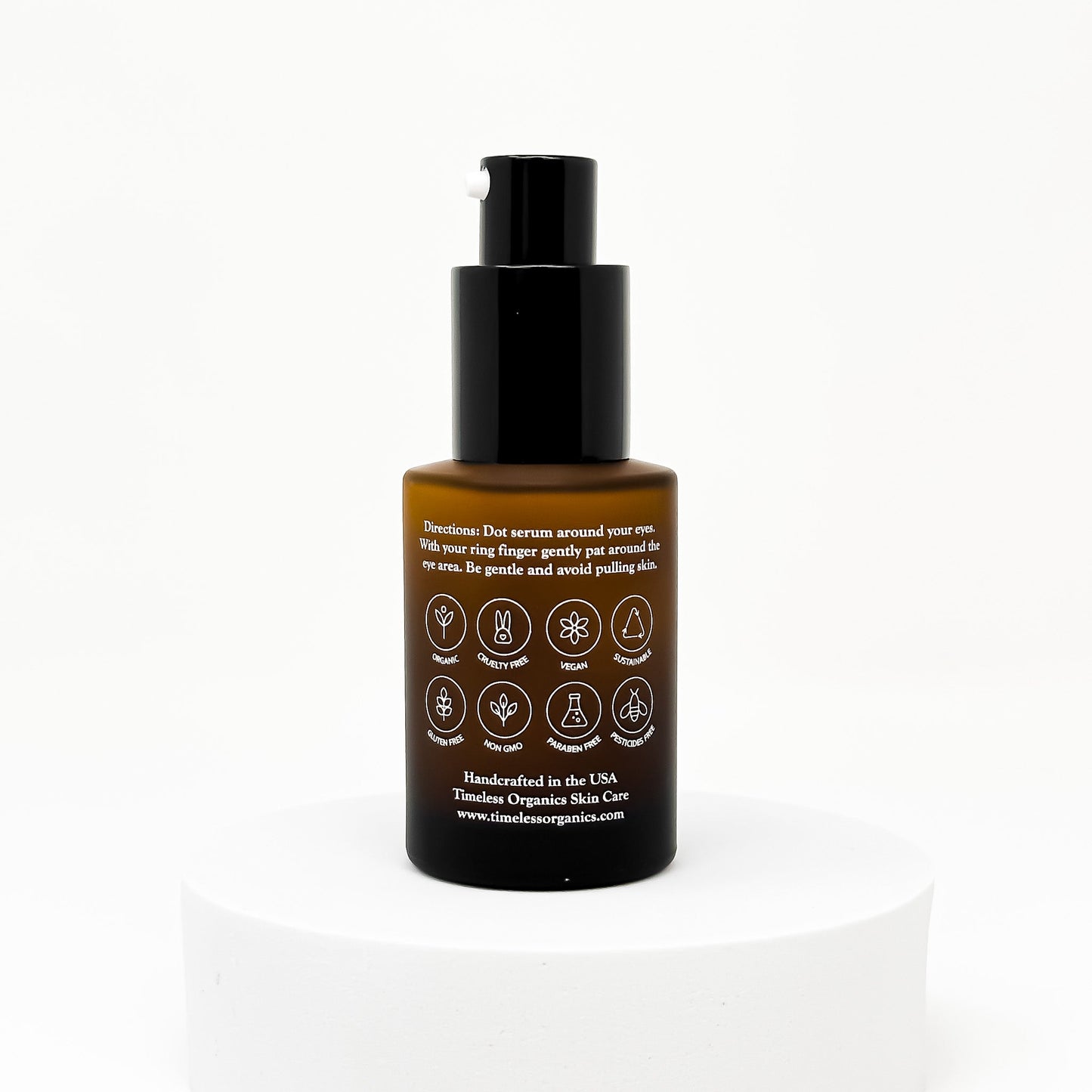 Timeless Eye Serum bottle for anti-aging with natural ingredients, 30mL, targets fine lines and puffiness.