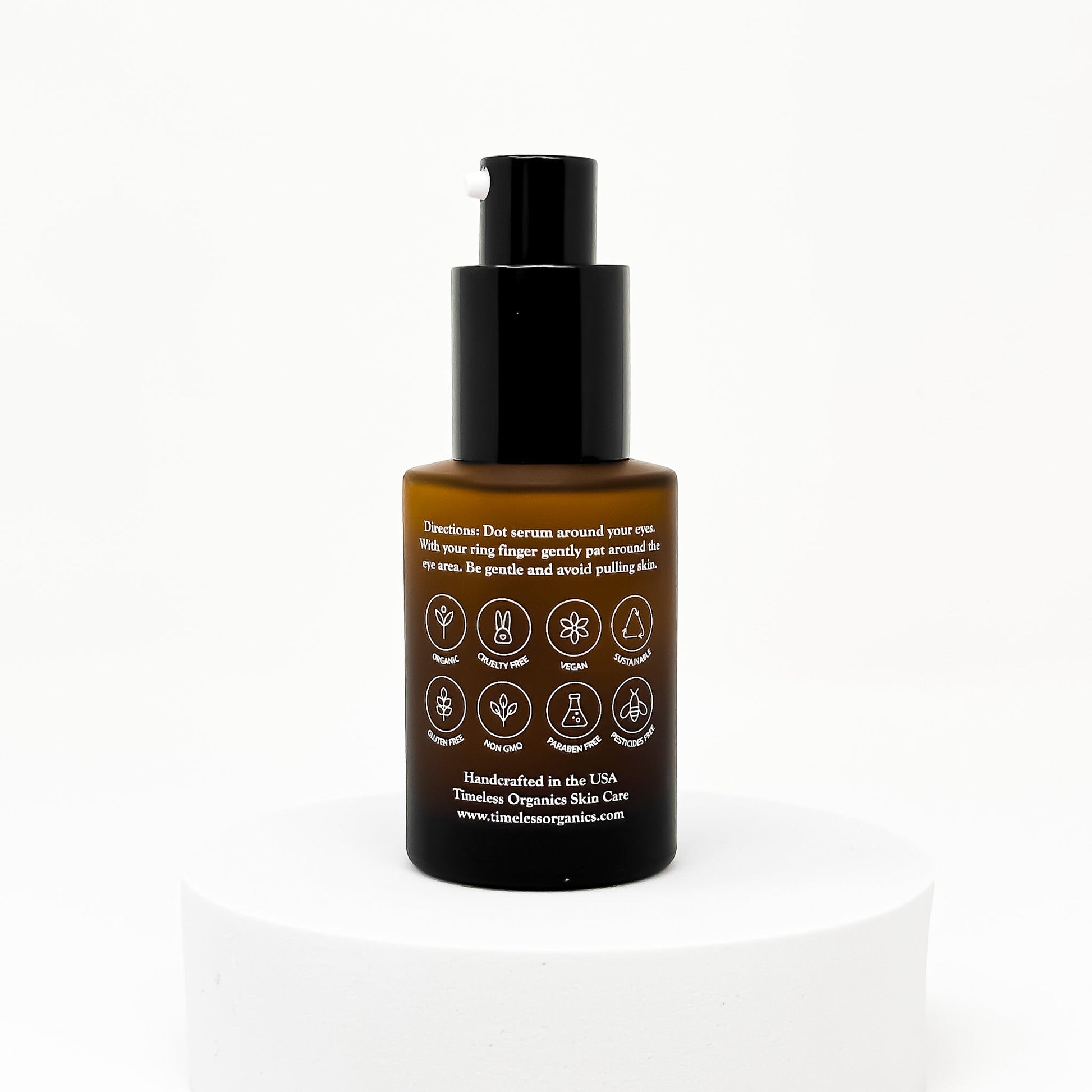 Timeless Eye Serum bottle for anti-aging with natural ingredients, 30mL, targets fine lines and puffiness.