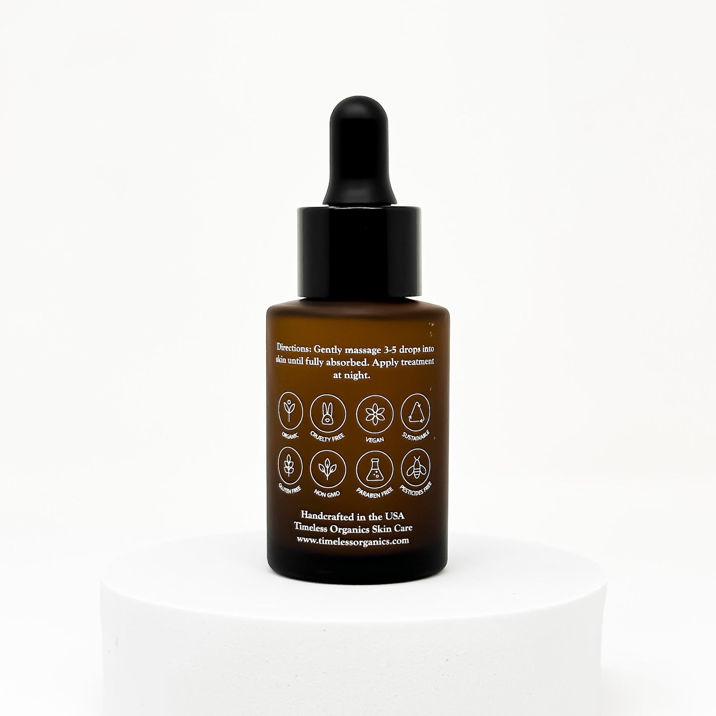 Repairing Retinol Treatment bottle on a pedestal, featuring skincare instructions and natural ingredient icons.