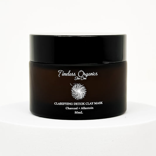 50ml jar of Clarifying Detox Clay Mask by Timeless Organics, featuring nourishing and detoxifying ingredients for radiant skin.