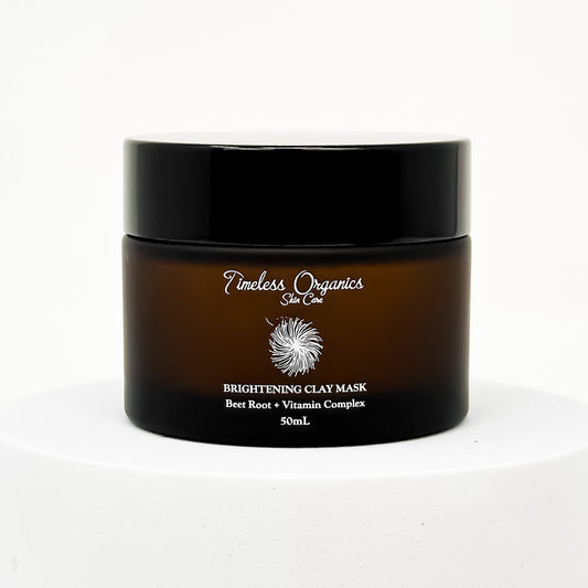 Brightening Clay Mask with beet root and vitamins, 50mL jar for revitalizing and illuminating all skin types.