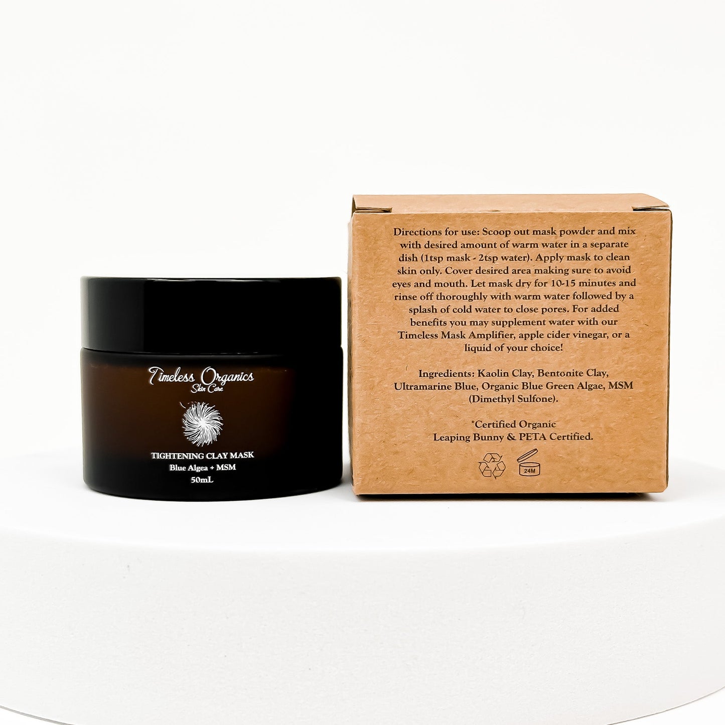 Tightening Clay Mask with natural ingredients for toning and refining skin, featuring Blue Green Algae and Vegan MSM, 50mL jar.
