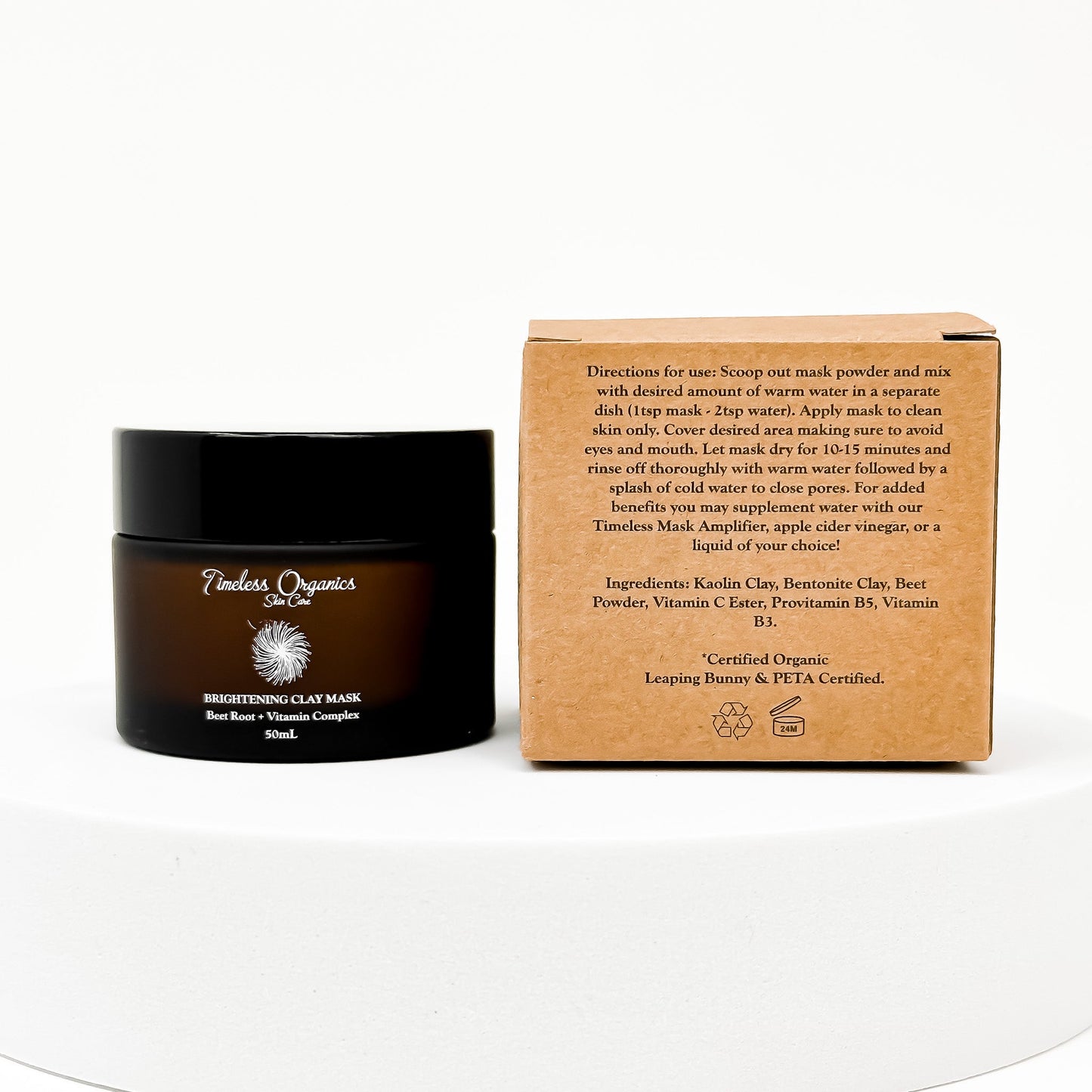 Brightening Clay Mask jar with product box, 50mL size, featuring organic beet root and antioxidants for brighter, revitalized skin.