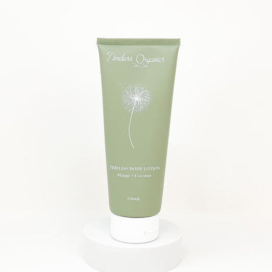 Timeless Body Lotion in Mango + Coconut scent, 240ml bottle, ultra hydrating for soft, smooth skin, perfect for all types.