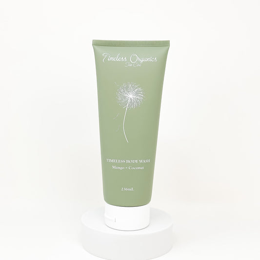 Timeless Body Wash in green tube with Mango + Coconut scent, ultra hydrating and suitable for all skin types.