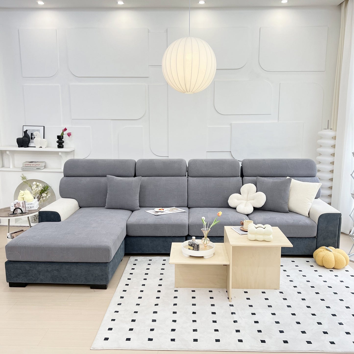 Stylish living room featuring a gray sofa with Stretch Couch Cushion Covers, Washable Chaise Lounge Sofa Slipcover.