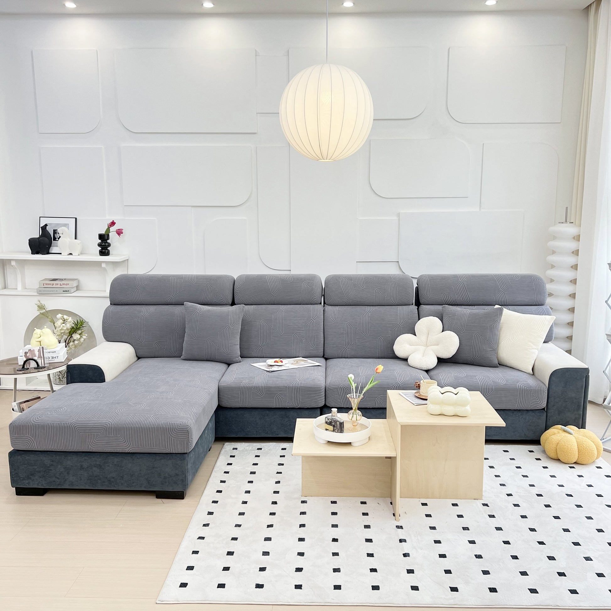Stylish living room featuring a gray sofa with Stretch Couch Cushion Covers, Washable Chaise Lounge Sofa Slipcover.