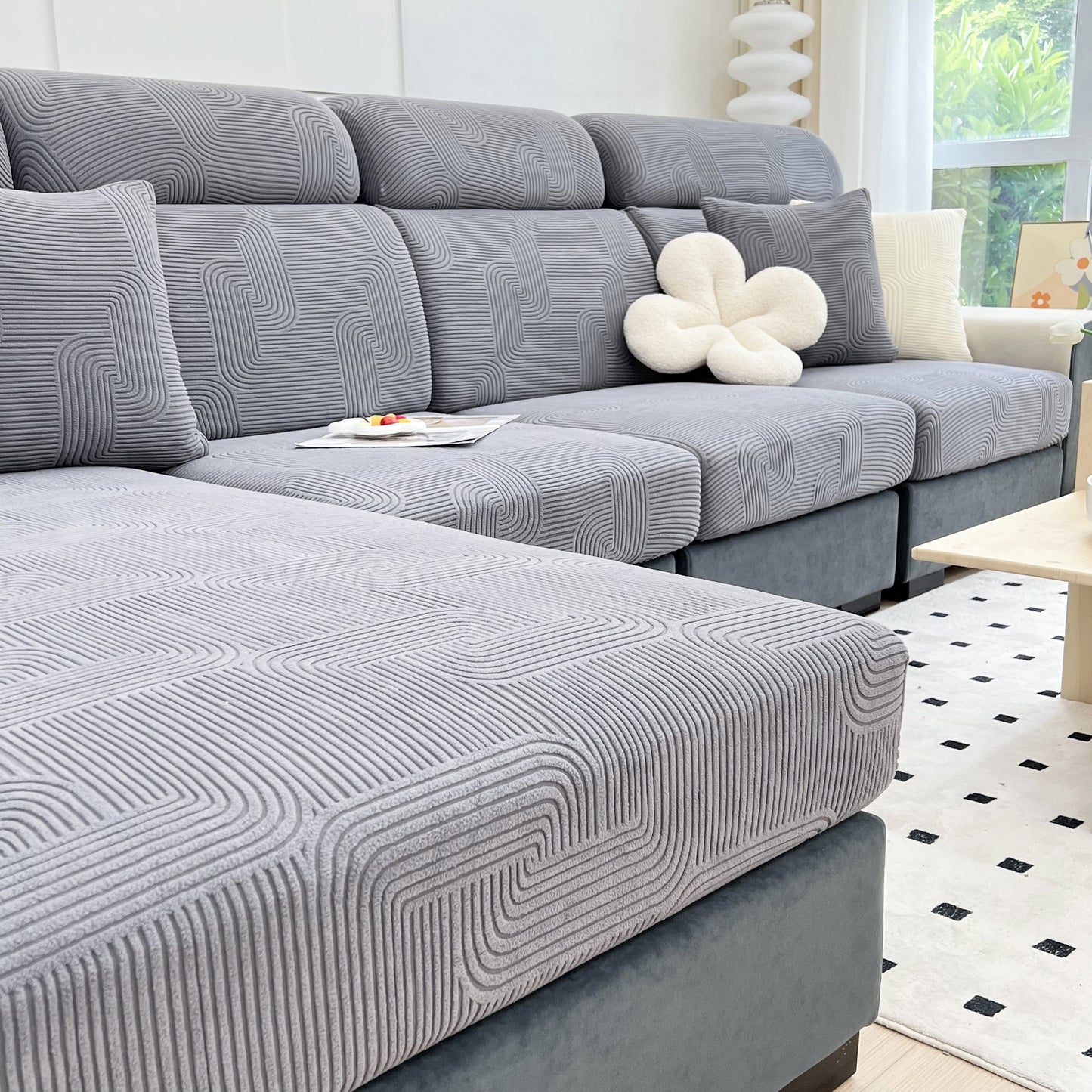 Stretch Couch Cushion Covers, Washable Chaise Lounge Sofa Slipcover, Elastic Furniture Protector for Pets, Kid on grey sectional sofa