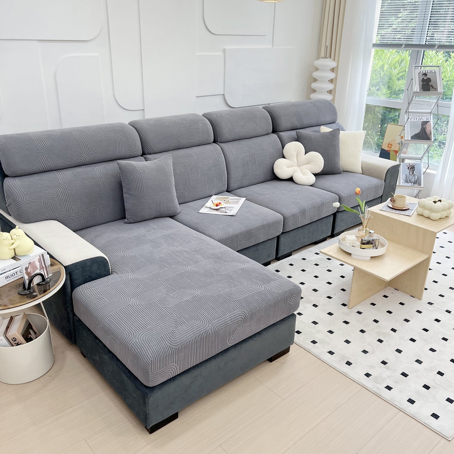 Stretch Couch Cushion Covers, Washable Chaise Lounge Sofa Slipcover, Elastic Furniture Protector for Pets, Kid on modern sofa